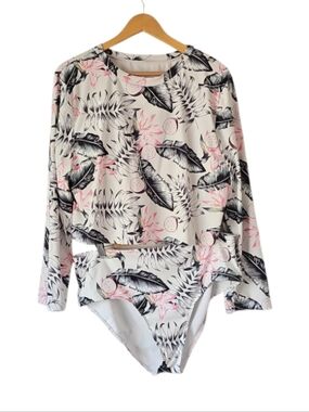 Tropical Leaf Print Long Sleeve Bikini Set Plus Sz 3X High Waist Swimwear Beach